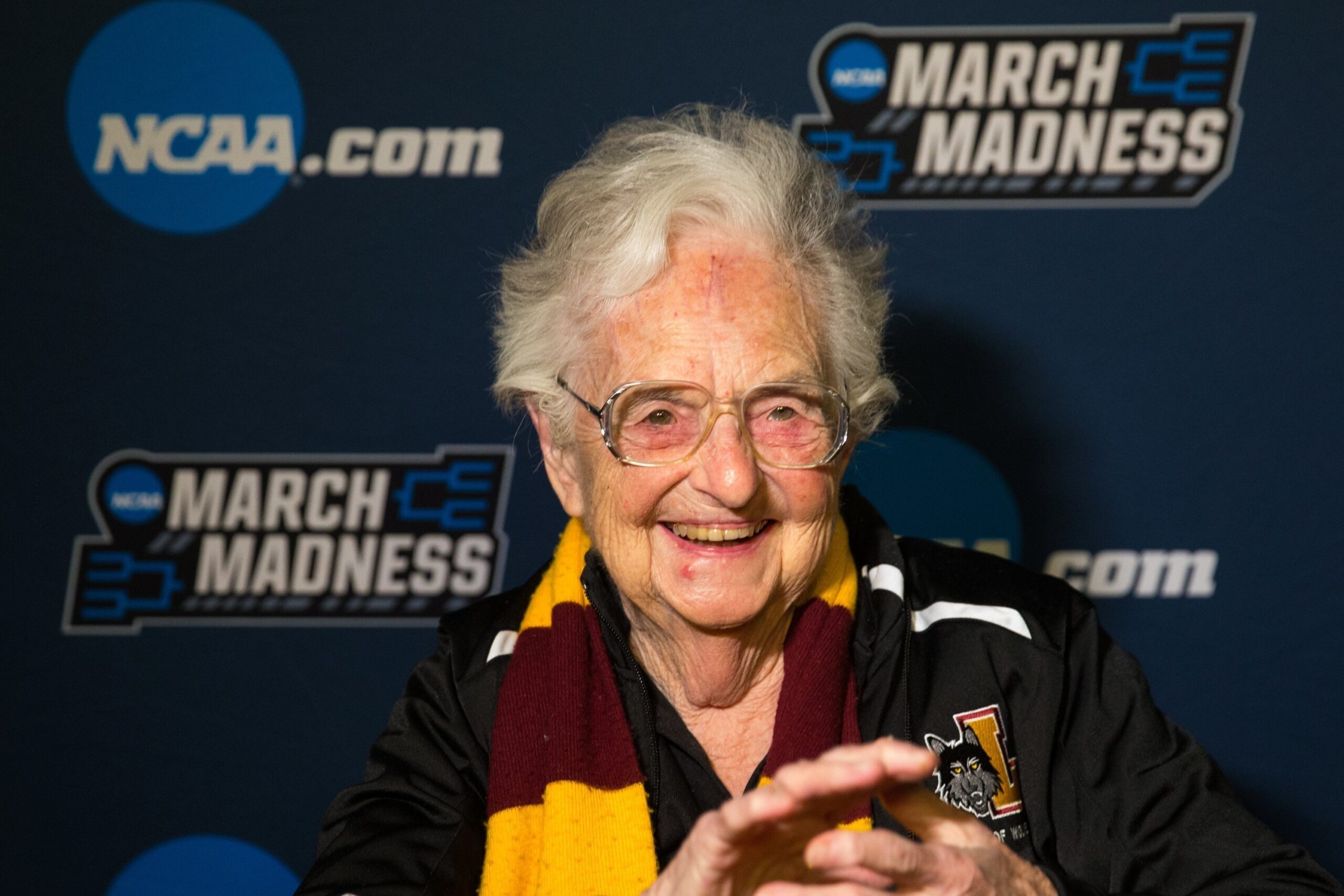 Sister Jean Dolores Schmidt, longtime chaplain of the Loyola University Chicago men's basketball team and campus icon, smiles after the team won in the first round game of the NCAA Tournament against the University of Miami 2018 at the American Airlines Center in DallasSister Jean died at age 106 Oct. 9, 2025. (OSV News photo/courtesy Loyola University Chicago)