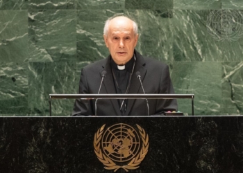 Archbishop Gabriele G. Caccia, the Holy See's permanent observer to the United Nations, is pictured in a 2023 photo addressing the General Assembly at U.N. headquarters in New York City. In an Oct. 17, 2025, in statement at the U.N..,  Archbishop Caccia renewed calls for disarmament and dialogue amid a fraying international rules-based order and soaring arms trade, including lethal autonomous weapons. (OSV News photo/Rick Bajornas, courtesy United Nations)