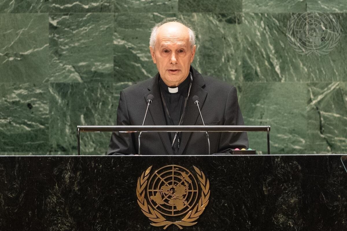 Archbishop Gabriele G. Caccia, the Holy See's permanent observer to the United Nations, is pictured in a 2023 photo addressing the General Assembly at U.N. headquarters in New York City. In an Oct. 17, 2025, in statement at the U.N..,  Archbishop Caccia renewed calls for disarmament and dialogue amid a fraying international rules-based order and soaring arms trade, including lethal autonomous weapons. (OSV News photo/Rick Bajornas, courtesy United Nations)