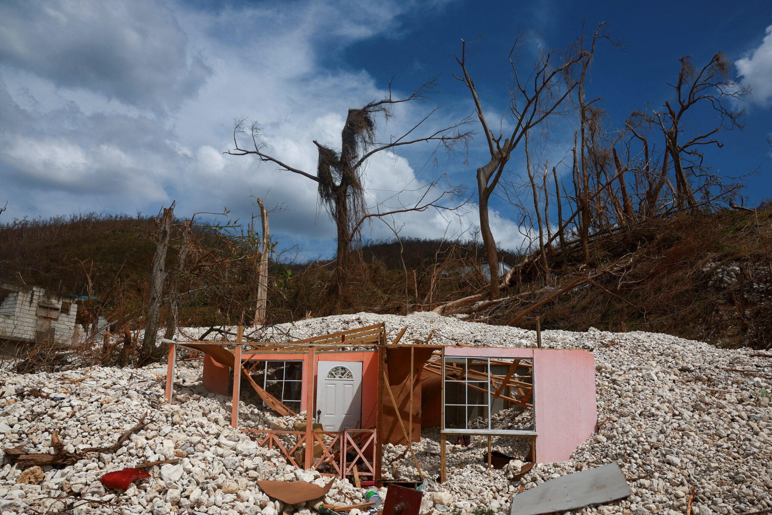 The remains of a destroyed home stand in the aftermath of Hurricane Melissa in Mearsville, Jamaica, Nov.  3, 2025. The catastrophic Category 5 storm that made landfall in Jamaica Oct. 28 has caused at least 67 deaths, up to $4 billion in insured losses in Jamaica and tens of billions of dollars of overall damage throughout the Caribbean, authorities in the storm-ravaged islands said Nov. 3. (OSV News photo/Raquel Cunha, Reuters)