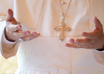 Pope Leo XIV gestures as he offers brief remarks during a lunch gathering with guests assisted by the Albano diocesan Caritas agency at the Borgo Laudato Si’ in Castel Gandolfo, Italy, Aug. 17, 2025. (CNS photo/Lola Gomez)