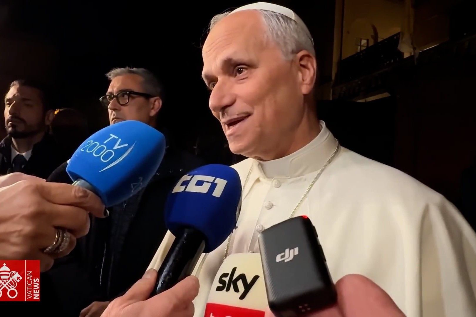 Pope Leo XIV is seen speaking to journalists outside the Palazzo Barberini in Castel Gandolfo, Italy, in a screen shot from a video taken Nov. 4, 2025. (CNS photo/screen grab, Vatican Media)