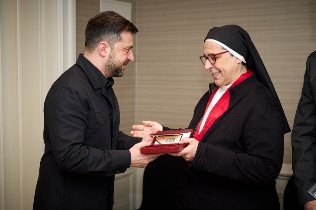 Argentine Dominican Sister María Lucía Caram Padilla is seen being awarded the Order of Princess Olga, III class, by Ukrainian President Volodymyr Zelenskyy for her efforts in providing humanitarian aid and support since the beginning of the Russian invasion, in Madrid,  Nov. 18, 2025 (OSV News/courtesy Office of the President of Ukraine)