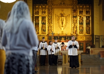 Altar servers lead the closing procession during a traditional Latin Mass at Immaculate Conception Seminary in Huntington, N.Y., in this July 1, 2021, file photo. (OSV News photo/Gregory A. Shemitz)