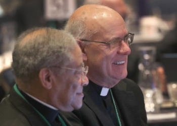 Bishop Kevin C. Rhoades of Fort Wayne-South Bend, Ind., smiles after being elected secretary of the U.S. Conference of Catholic Bishops during a Nov. 12, 2025, session of the fall general assembly of the USCCB in Baltimore. (OSV News photo/Bob Roller)
