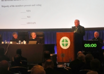 Bishop Peter Baldacchino of Las Cruces, N.M., speaks during a Nov. 11, 2025, session of the fall general assembly of the U.S. Conference of Catholic Bishops in Baltimore. Bishop Baldacchino and Bishop Thomas J. Paprocki of Springfield, Ill., spoke about a document to consider the advancement on the local level the cause of beautification and canonization of Jesuit Father Richard Thomas. (OSV News photo/Bob Roller)