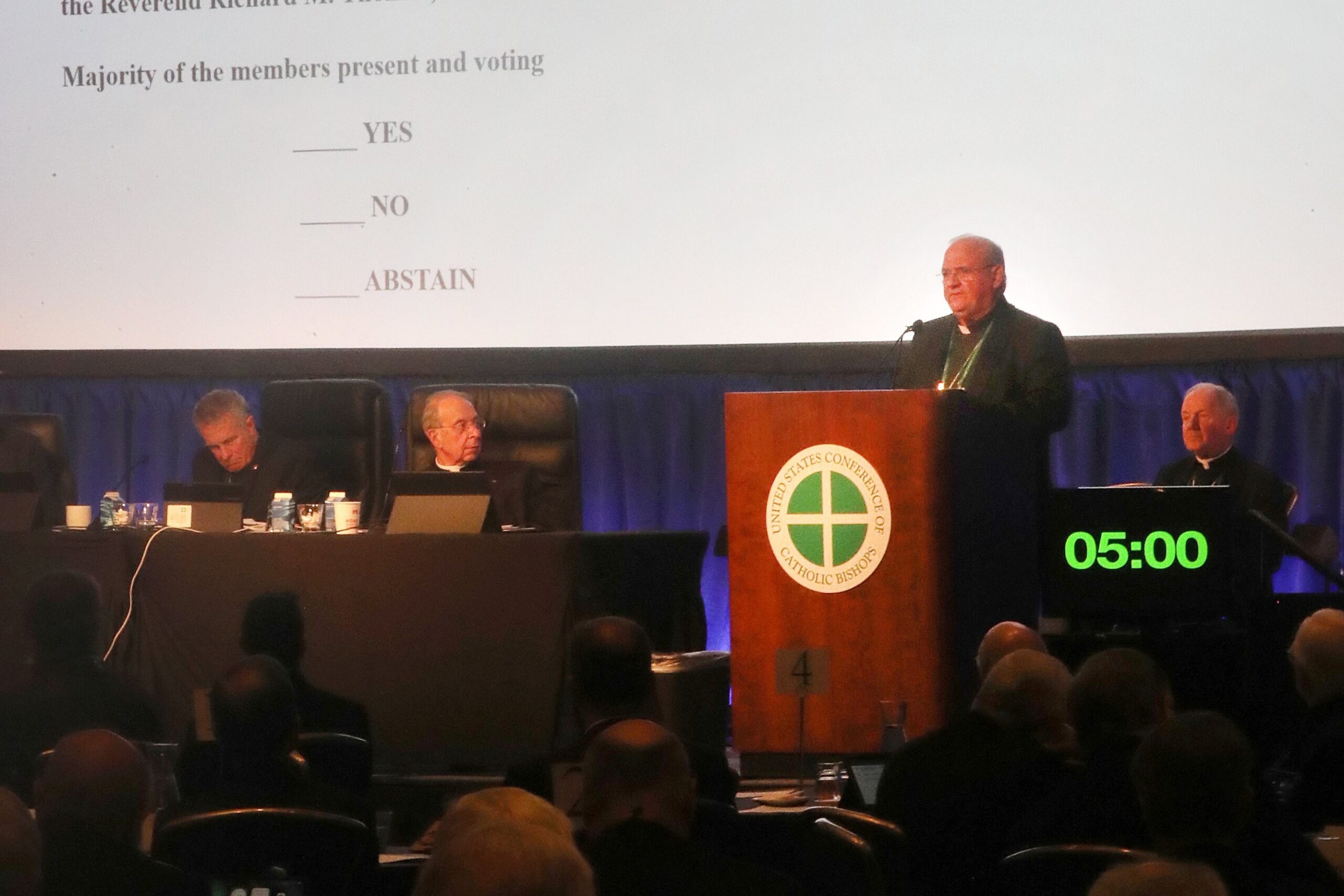 Bishop Peter Baldacchino of Las Cruces, N.M., speaks during a Nov. 11, 2025, session of the fall general assembly of the U.S. Conference of Catholic Bishops in Baltimore. Bishop Baldacchino and Bishop Thomas J. Paprocki of Springfield, Ill., spoke about a document to consider the advancement on the local level the cause of beautification and canonization of Jesuit Father Richard Thomas. (OSV News photo/Bob Roller)