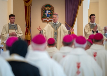 Archbishop Timothy P. Broglio of the U.S. Archdiocese for the Military Services, outgoing president of the U.S. Conference of Catholic Bishops, delivers the homily at the Basilica of the National Shrine of the Assumption of the Blessed Virgin Mary in Baltimore Nov. 10, 2025, for the opening Mass of the U.S. Conference of Catholic Bishops' 2024 fall plenary assembly. (OSV News photo/Kevin J. Parks, Catholic Review)