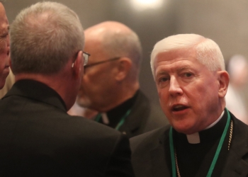 Bishop Daniel E. Thomas of Toledo, Ohio, chair of the U.S. Conference of Catholic Bishops' Committee on Pro-life Activities, chats during a Nov. 11, 2025, session of the fall general assembly of the U.S. Conference of Catholic Bishops in Baltimore. (OSV News photo/Bob Roller)