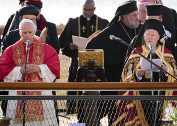 Pope Leo XIV joins Orthodox Ecumenical Patriarch Bartholomew and other Christian leaders for an ecumenical prayer service in Iznik, Turkey, Nov. 28, 2025. The gathering marked the 1,700th anniversary of the Council of Nicaea, convened in 325 A.D., which produced the Nicene Creed and defined foundational Christian doctrine. (CNS photo/Lola Gomez)
