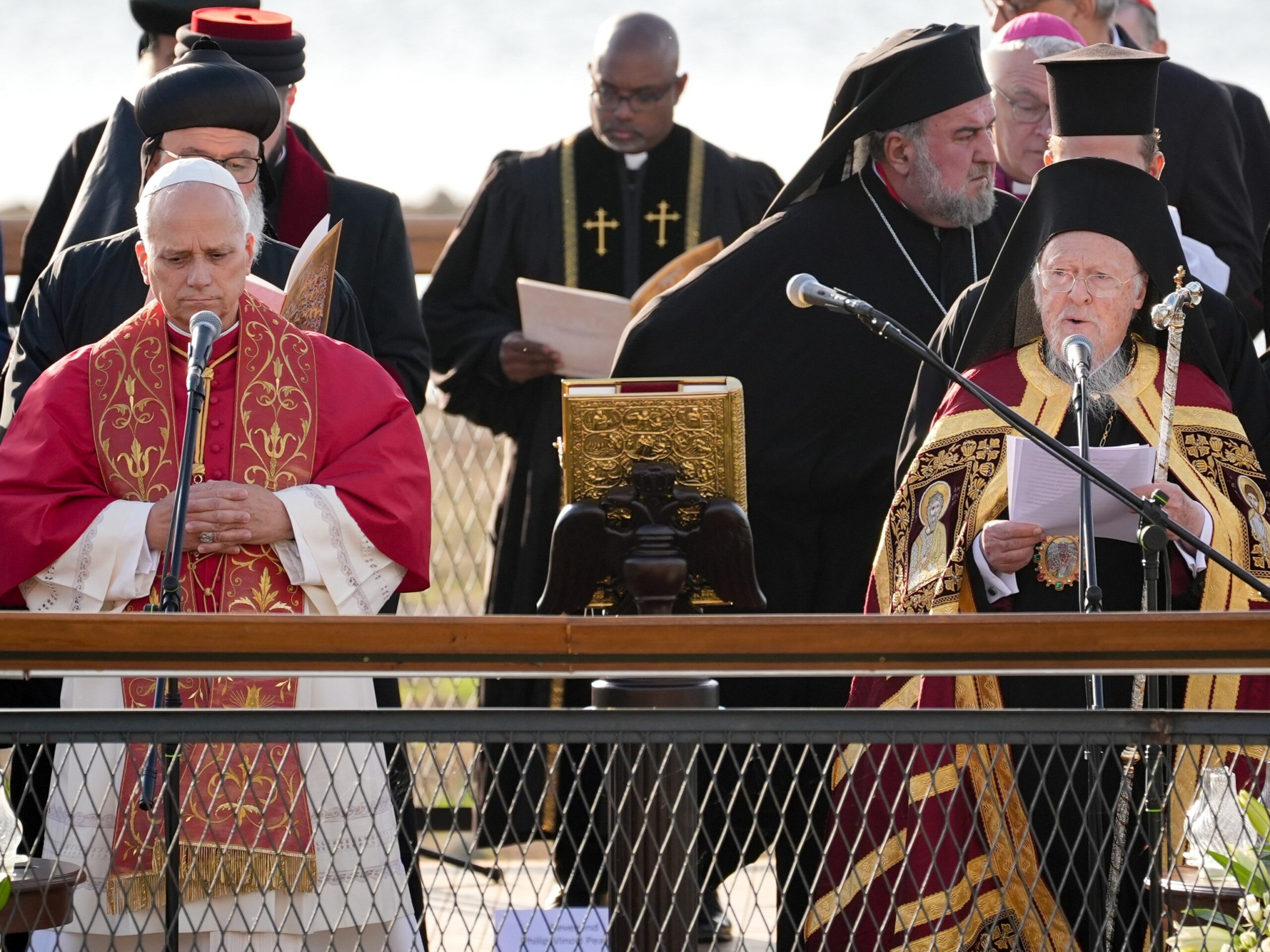 Pope Leo XIV joins Orthodox Ecumenical Patriarch Bartholomew and other Christian leaders for an ecumenical prayer service in Iznik, Turkey, Nov. 28, 2025. The gathering marked the 1,700th anniversary of the Council of Nicaea, convened in 325 A.D., which produced the Nicene Creed and defined foundational Christian doctrine. (CNS photo/Lola Gomez)