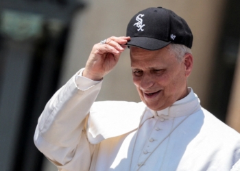 Pope Leo XIV wears a Chicago White Sox baseball cap during his weekly general audience in St. Peter's Square at the Vatican June 11, 2025. (OSV News photo/Remo Casilli, Reuters)