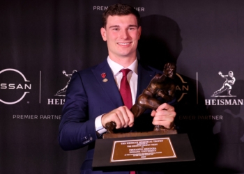 Fernando Mendoza, quarterback for the Indiana Hoosiers, becomes emotional after winning the Heisman Trophy at Lincoln Center in New York City Dec. 13, 2025. Mendoza, a Catholic, frequently crediting his faith in God and Jesus Christ for his success, incorporating daily Mass and Bible studies into his routine, and giving glory to God in post-game interviews and his Heisman acceptance speech. Mandatory Credit: (OSV News photo/Todd Van Emst, Heisman Trust, Pool via USA TODAY Sports, Reuters)