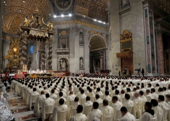Pope Leo XIV celebrates Mass for the feast of Our Lady of Guadalupe in St. Peter’s Basilica at the Vatican, Dec. 12, 2025. Hundreds of priests concelebrate the liturgy, which honors the patroness of the Americas. (CNS photo/Lola Gomez)