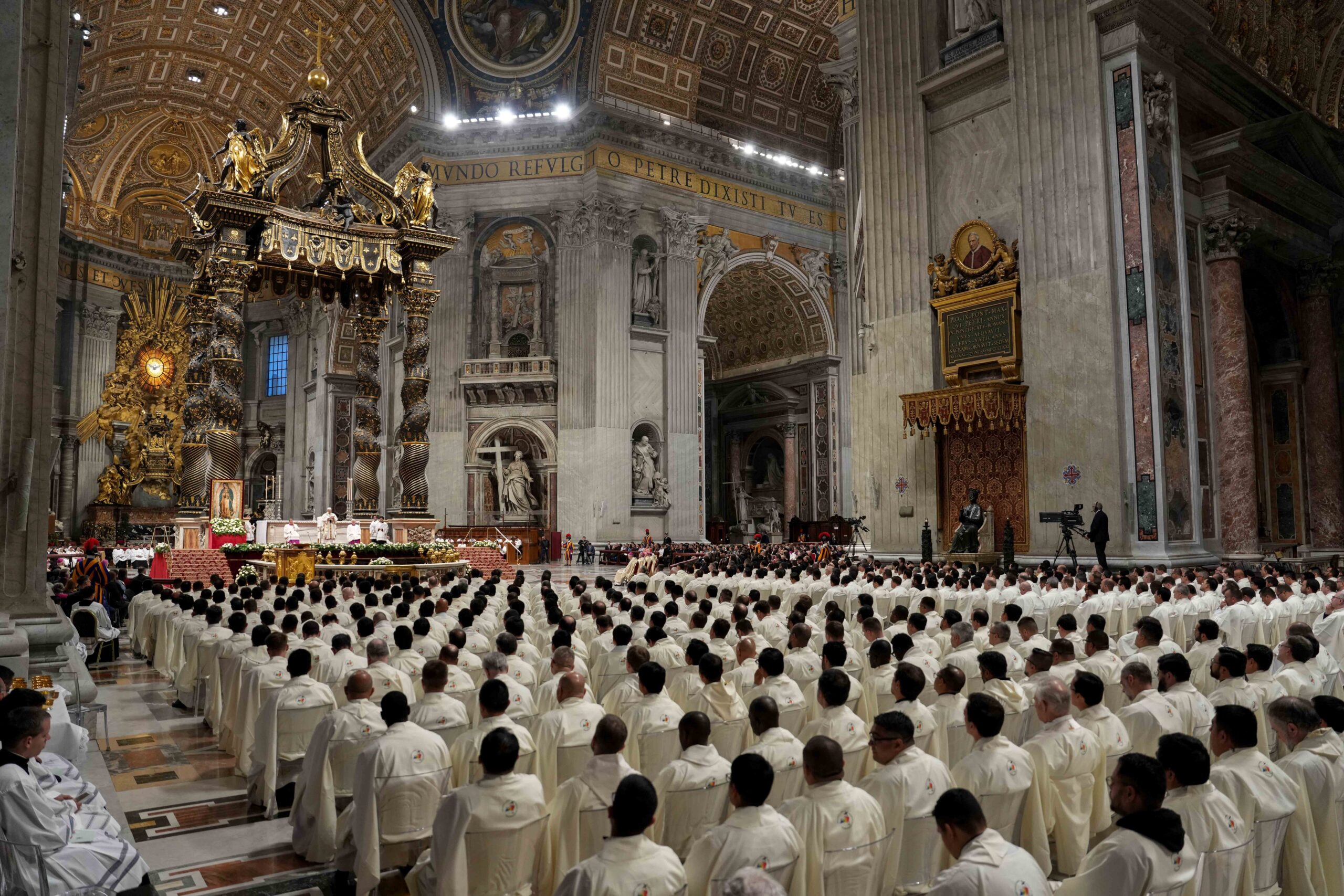 Pope Leo XIV celebrates Mass for the feast of Our Lady of Guadalupe in St. Peter’s Basilica at the Vatican, Dec. 12, 2025. Hundreds of priests concelebrate the liturgy, which honors the patroness of the Americas. (CNS photo/Lola Gomez)