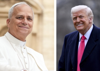A combination photo shows Pope Leo XIV smiling as he greets visitors and pilgrims in St. Peter’s Square at the Vatican Sept. 10, 2025, and U.S. President Donald Trump smiling after arriving at the White House Feb. 22. Trump says in a Dec. 9 interview with Politico that he would be open to meeting with Pope Leo, and responded to the pontiff's criticism of his immigration policy. (OSV News photos/Lola Gomez, CNS/Craig Hudson, Reuters)