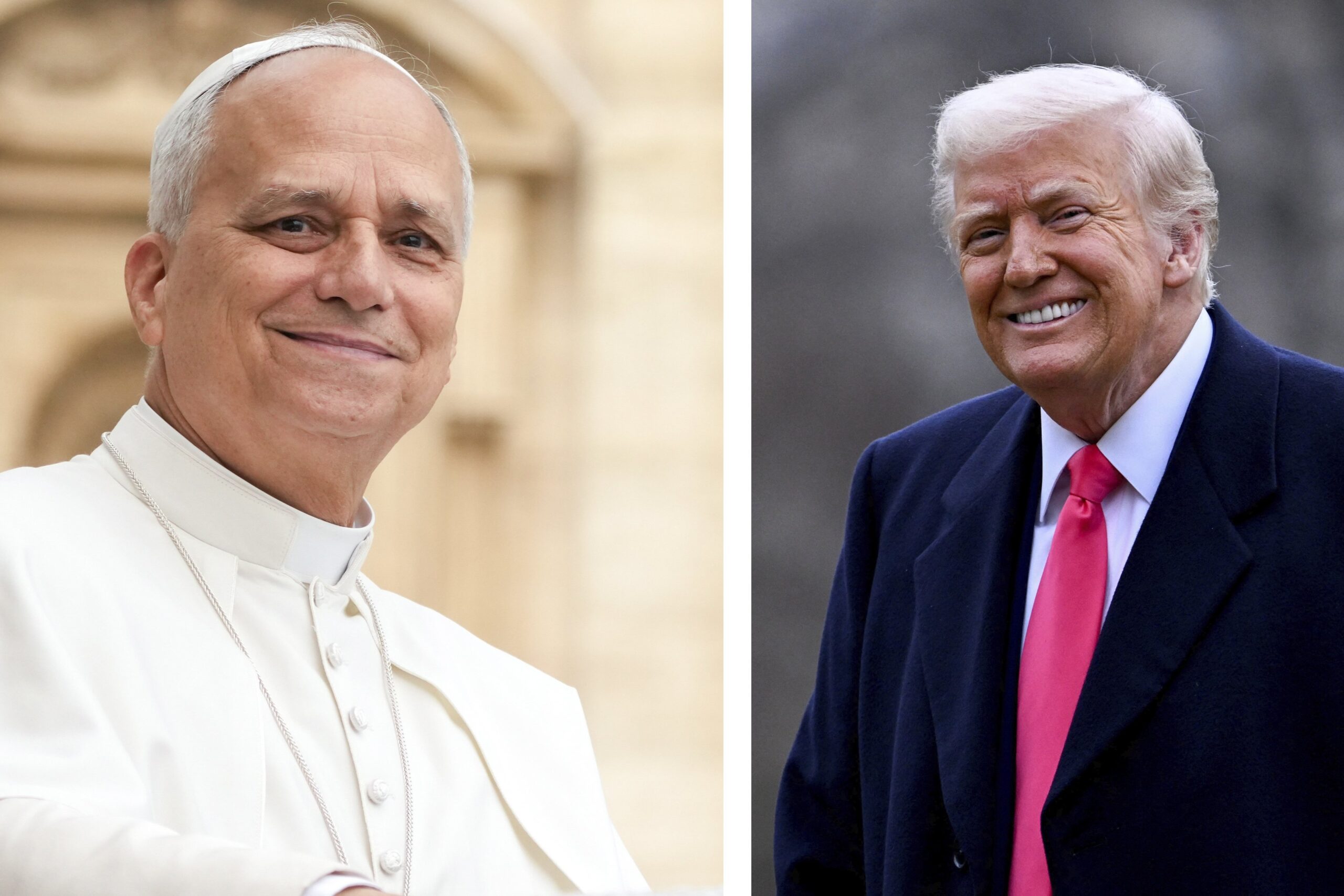 A combination photo shows Pope Leo XIV smiling as he greets visitors and pilgrims in St. Peter’s Square at the Vatican Sept. 10, 2025, and U.S. President Donald Trump smiling after arriving at the White House Feb. 22. Trump says in a Dec. 9 interview with Politico that he would be open to meeting with Pope Leo, and responded to the pontiff's criticism of his immigration policy. (OSV News photos/Lola Gomez, CNS/Craig Hudson, Reuters)