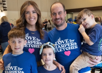 Mollie and Jesse Merkel, pose with their children Rory, Hazel and Milo, at Annunciation Catholic School in Minneapolis Jan. 10, 2026, for FletcherFest in honor of their son Fletcher, who died in an Aug. 27, 2025, shooting during an all-school Mass at Annunciation’s church in south Minneapolis. The event featured food, games and socializing as people celebrated Fletcher’s life. (OSV News photo/Dave Hrbacek, The Catholic Spirit)