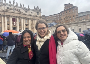 Pilgrims Diane from Peru (left), Kristin from Germany and Larisa from Colombia  - members of the Secular Institute of Mary Servant of the Lord are seen on a Jan. 6, 2026, photograph on St. Peter's Square, at the conclusion of the Jubilee Year of Hope. What really visibly stayed with the faithful after the Jan. 6 Epiphany Mass was Pope Leo's urge to keep the church alive. "If we do not reduce our churches to monuments, if our communities are homes, if we stand united and resist the flattery and seduction of those in power, then we will be the generation of a new dawn," the pope said. (OSV News photo/Paulina Guzik)
