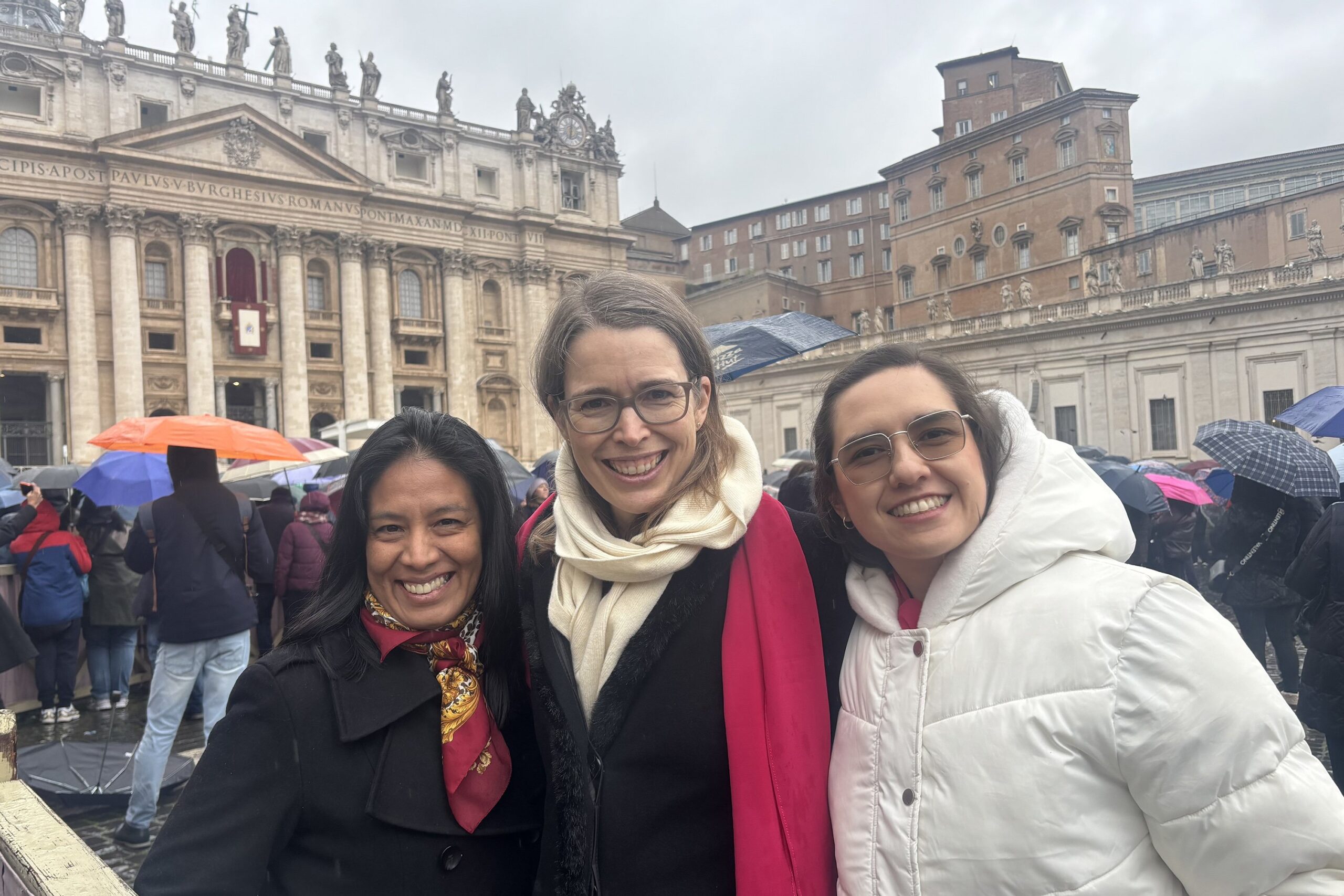 Pilgrims Diane from Peru (left), Kristin from Germany and Larisa from Colombia  - members of the Secular Institute of Mary Servant of the Lord are seen on a Jan. 6, 2026, photograph on St. Peter's Square, at the conclusion of the Jubilee Year of Hope. What really visibly stayed with the faithful after the Jan. 6 Epiphany Mass was Pope Leo's urge to keep the church alive. "If we do not reduce our churches to monuments, if our communities are homes, if we stand united and resist the flattery and seduction of those in power, then we will be the generation of a new dawn," the pope said. (OSV News photo/Paulina Guzik)