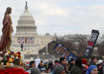 A statue of Jesus is carried past the U.S. Capitol during the annual March for Life rally in Washington Jan. 24, 2025. (OSV News photo/Evelyn Hockstein, Reuters)