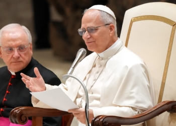 Pope Leo XIV talks to pilgrims and visitors during his weekly general audience in the Paul VI Audience Hall at the Vatican Jan. 28, 2026. (CNS photo/Lola Gomez)