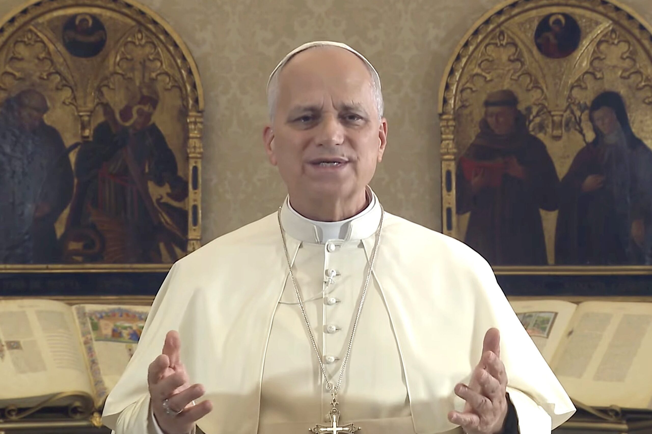 Pope Leo XIV is seen in a screenshot delivering a video message to young Catholics participating at SEEK26 -- his latest of several video messages to youth in the U.S. since becoming pope. The annual gathering -- taking place Jan. 1-5 at event locations in Columbus, Ohio; Denver; and Fort Worth, Texas -- has drawn an estimated 24,000 participants for talks and workshops on encountering Christ, with the schedule including daily Mass, eucharistic adoration, the Sacrament of Reconciliation and fellowship. (OSV News screenshot/Vatican News)