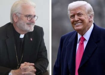 Archbishop Paul S. Coakley of Oklahoma City, president of the U.S. Conference of Catholic Bishops, and U.S. President Donald Trump, are pictured in a combination photo. Archbishop Coakley is scheduled to meet at with Trump at the White in Washington Jan. 12, 2026. (OSV News photo/Bob Roller/Craig Hudson, Reuters)