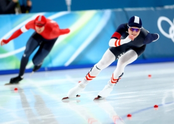 Alexander Farthofer of Austria and Didrik Eng Strand of Norway in action during the Men's 1500m Speed Skating during the Milan Cortina 2026 Winter Olympics at Milano Speed Skating Stadium in Italy Feb.19, 2026. (OSV News photo/Piroschka Van De Wouw, Reuters)