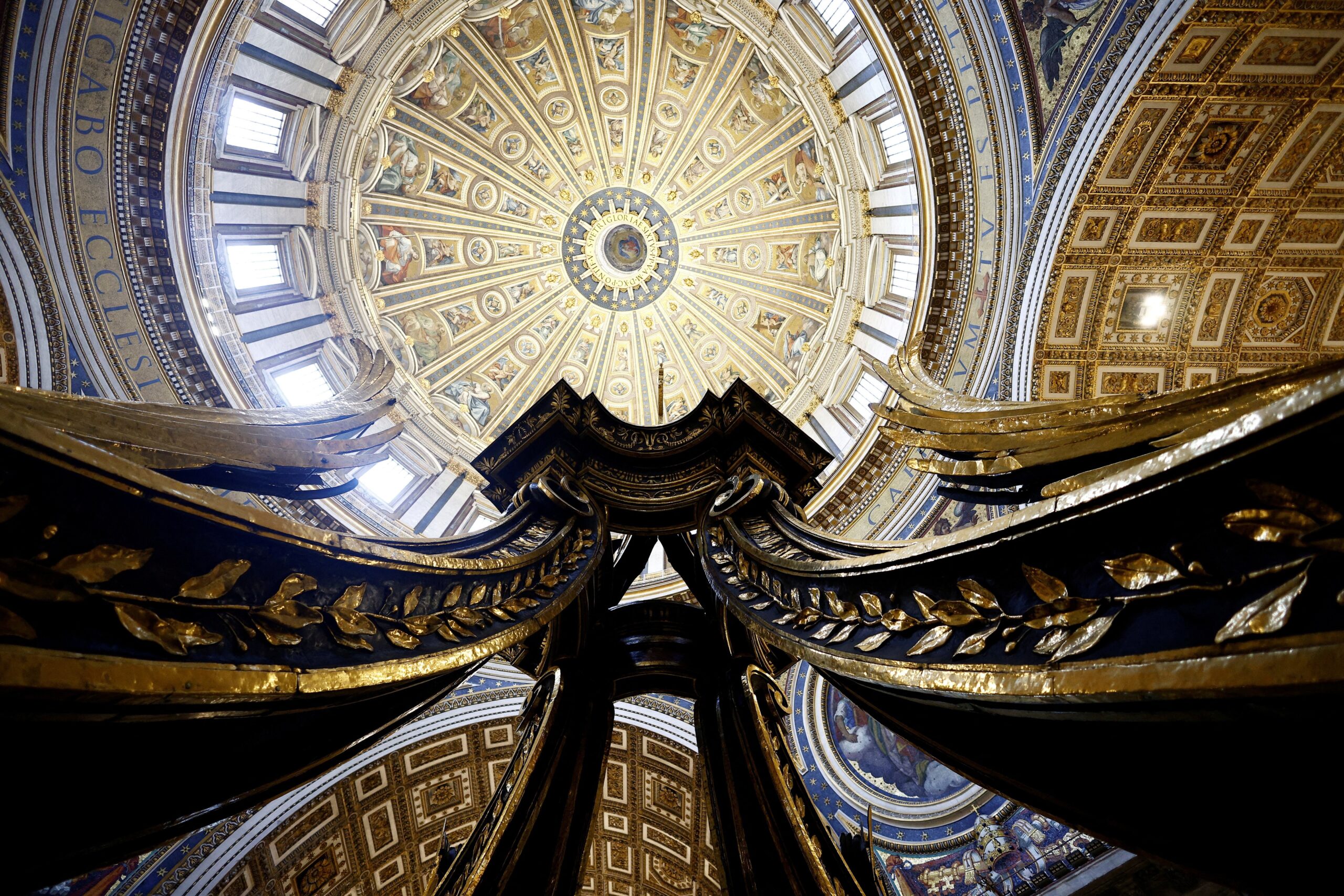 This is a file photo showin a detail of the baroque sculpted bronze canopy by Gian Lorenzo Bernini over the high altar of St. Peter's Basilica as it undergoes restoration at the Vatican. The Vatican presented some new initiatives for the 400th anniversary of the dedication of St. Peter's Basilica at a Feb. 16, 2026, news conference. (OSV News photo/Guglielmo Mangiapane, Reuters)