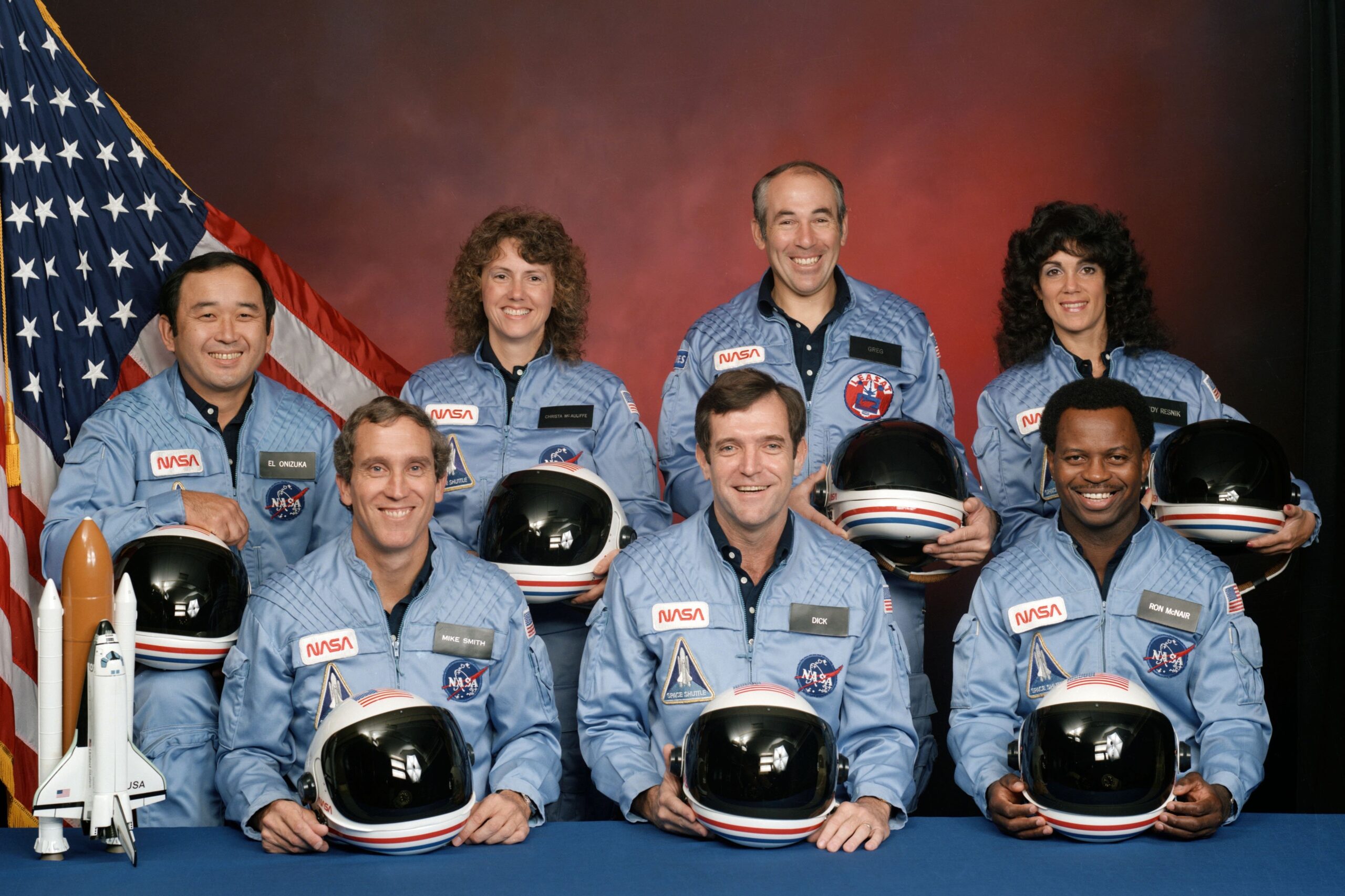 NASA's Space Shuttle Challenger crew members are: in the back row from left to right: Mission Specialist, Ellison S. Onizuka, Teacher in Space Participant Sharon Christa McAuliffe, Payload Specialist, Greg Jarvis and Mission Specialist, Judy Resnik. In the front row from left to right: Pilot Mike Smith, Commander, Dick Scobee and Mission Specialist, Ron McNair. Jan. 28, 2026, marked the 40th anniversary of the Challenger accident. (OSV News photo/NASA/Johnson Space Center)