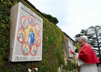 Pope Leo XIV blesses a new Marian mosaic in the Vatican Gardens at the Vatican Jan. 31, 2026. The mosaic features the Blessed Virgin Mary and an image of St. Rose of Lima. (CNS photo/Vatican Media)