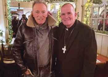 Singer-songwriter and guitarist Bruce Springsteen poses with Bishop David M. O’Connell of Trenton, N.J., Feb. 2, 2026. The New Jersey-based rock legend and Bishop O’Connell, got together for an impromptu lunch at Federici’s Restaurant in the township of Freehold.
