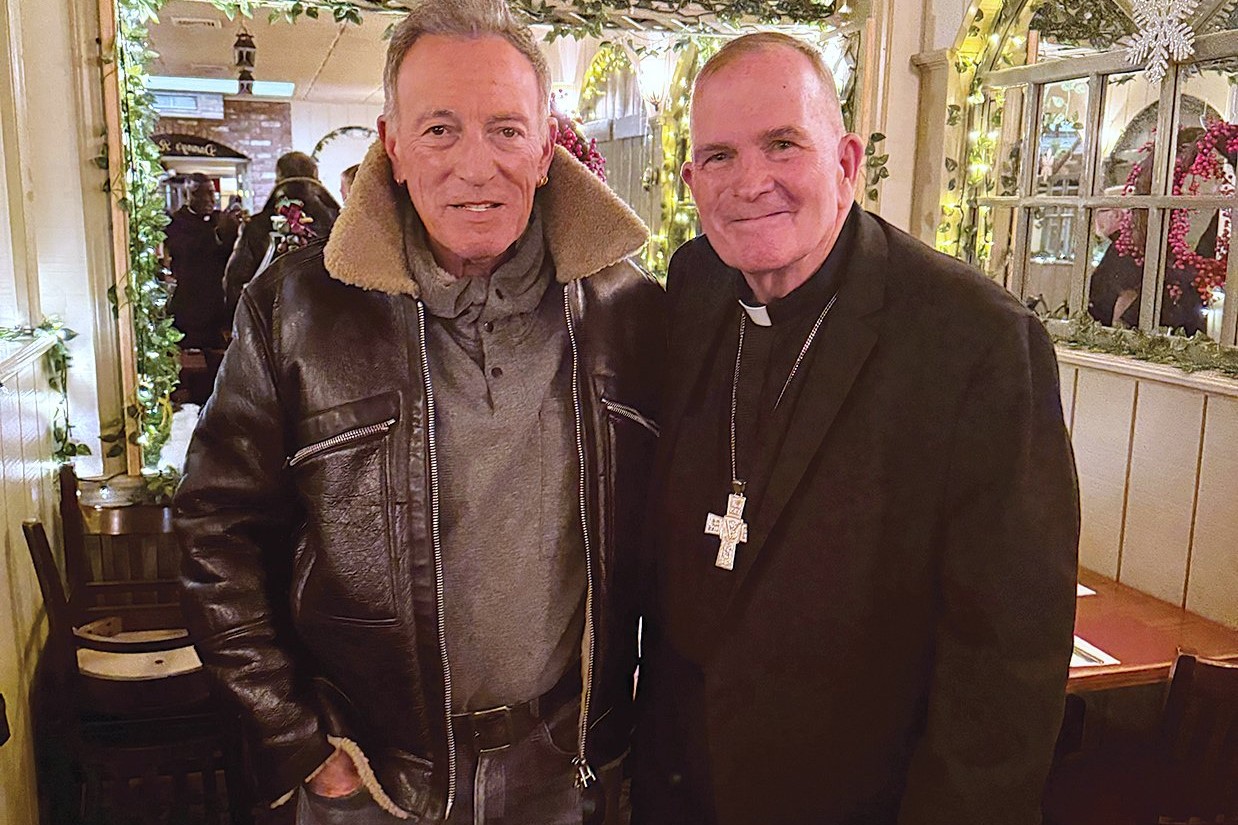 Singer-songwriter and guitarist Bruce Springsteen poses with Bishop David M. O’Connell of Trenton, N.J., Feb. 2, 2026. The New Jersey-based rock legend and Bishop O’Connell, got together for an impromptu lunch at Federici’s Restaurant in the township of Freehold.