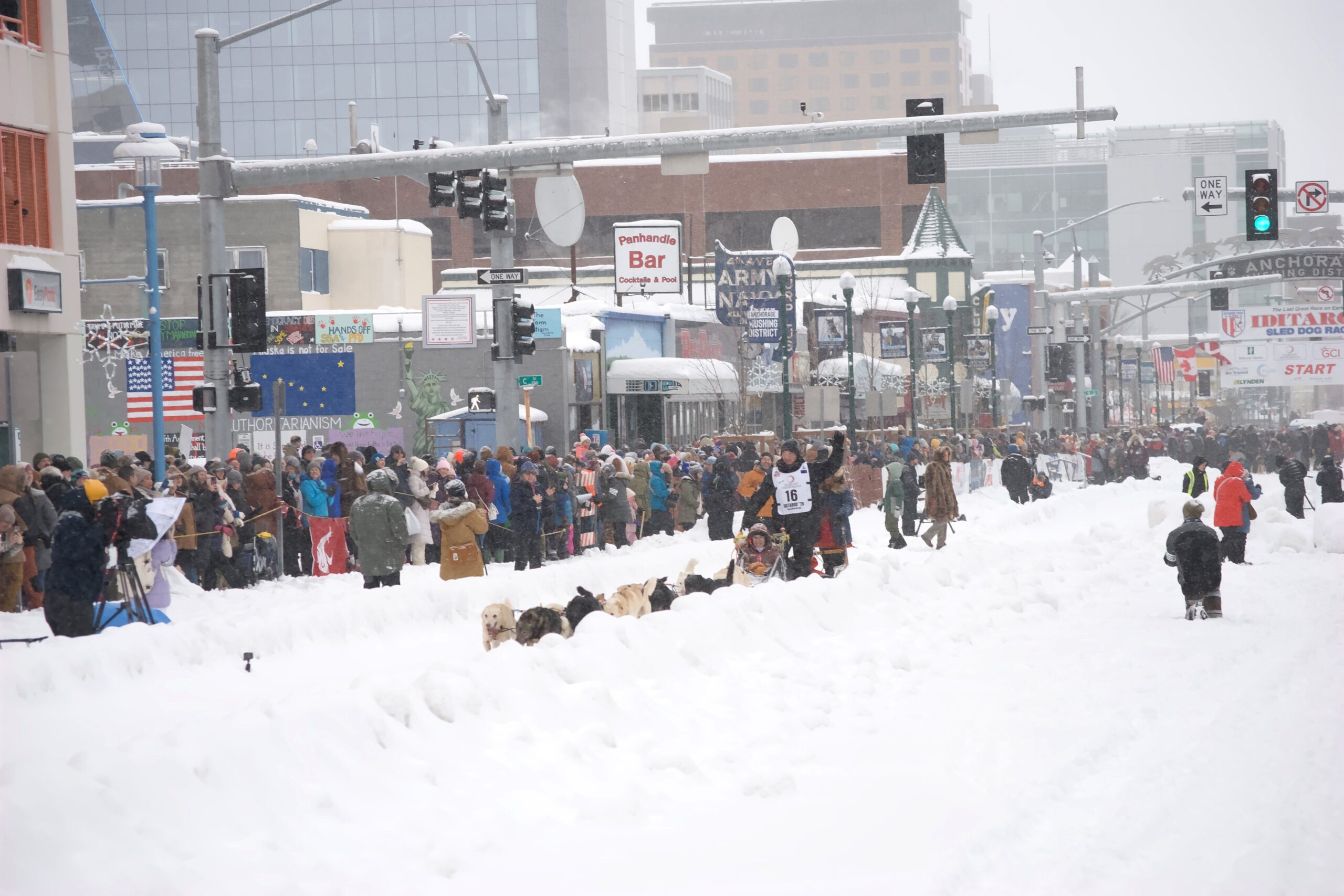 A sled dog team awaits the signal to go at the 54th annual Iditarod Trail start line in Downtown Anchorage, Alaska, on March 7, 2026. The Napa Institute group was able to spectate from the street. (OSV News photo/Levi Livengood, Archdiocese of Anchorage-Juneau)