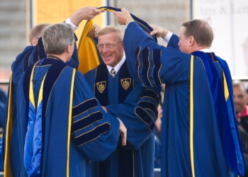 Notre Dame alumni coach Lou Holtz receives an honorary degree at the 2011 commencement ceremony at the University of Notre Dame. A March 16, 2026, funeral Mass was celebrated at the Basilica of the Sacred Heart on the University of Notre Dame campus. Holtz, a legendary college football coach and devout Catholic who led the University of Notre Dame to the 1988 National Championship, died March 4 at age 89. (OSV News photo/Matt Cashore, University of Notre Dame)