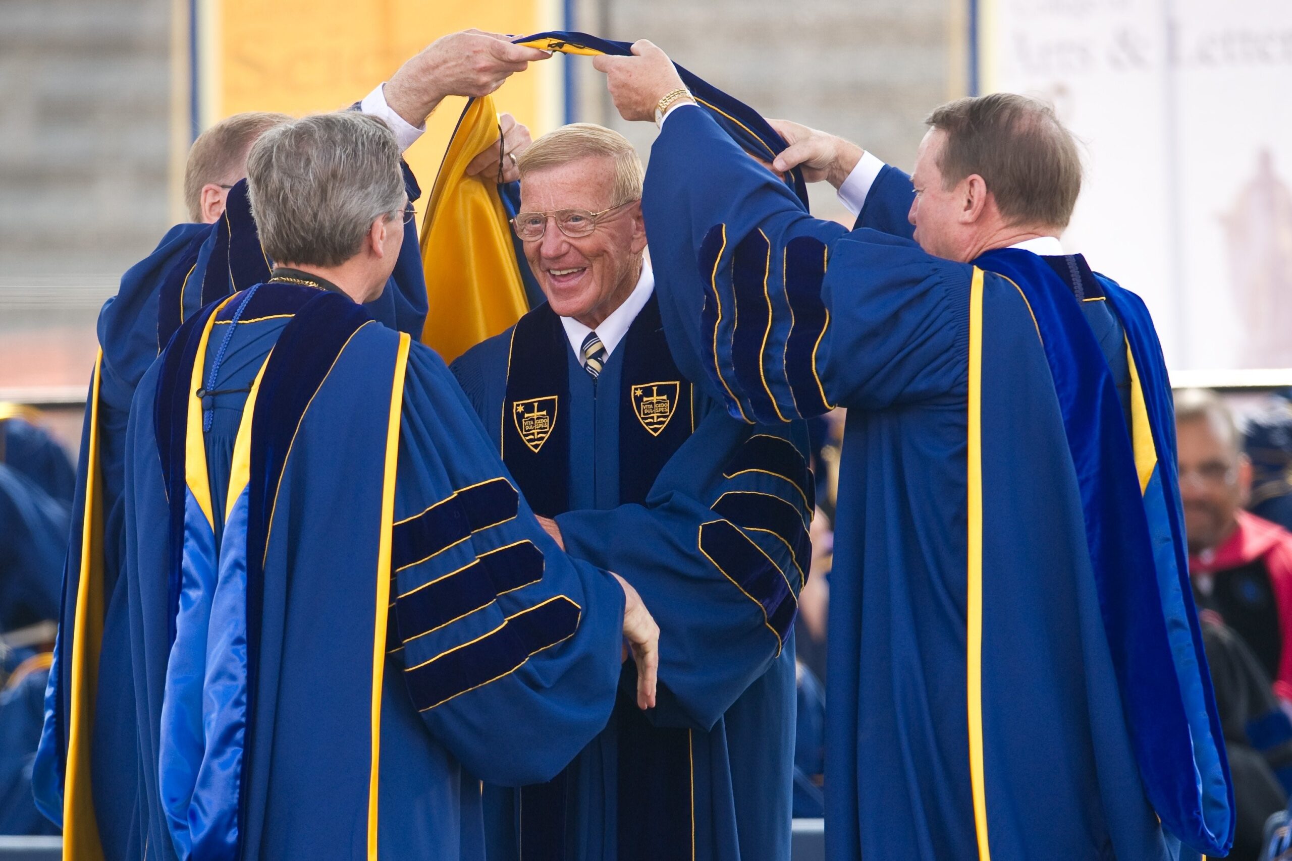 Notre Dame alumni coach Lou Holtz receives an honorary degree at the 2011 commencement ceremony at the University of Notre Dame. A March 16, 2026, funeral Mass was celebrated at the Basilica of the Sacred Heart on the University of Notre Dame campus. Holtz, a legendary college football coach and devout Catholic who led the University of Notre Dame to the 1988 National Championship, died March 4 at age 89. (OSV News photo/Matt Cashore, University of Notre Dame)