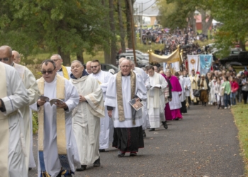 Priests walk in a Eucharistic procession Oct. 21, 2023, at the Shrine of Our Lady of Martyrs in Auriesville, N.Y., during the New York State Eucharistic Congress Oct. 20-22. A third National Eucharistic Pilgrimage has been scheduled for May-July 2026, organizers have announced. (OSV News photo/Jeff Witherow, Catholic Courier)
