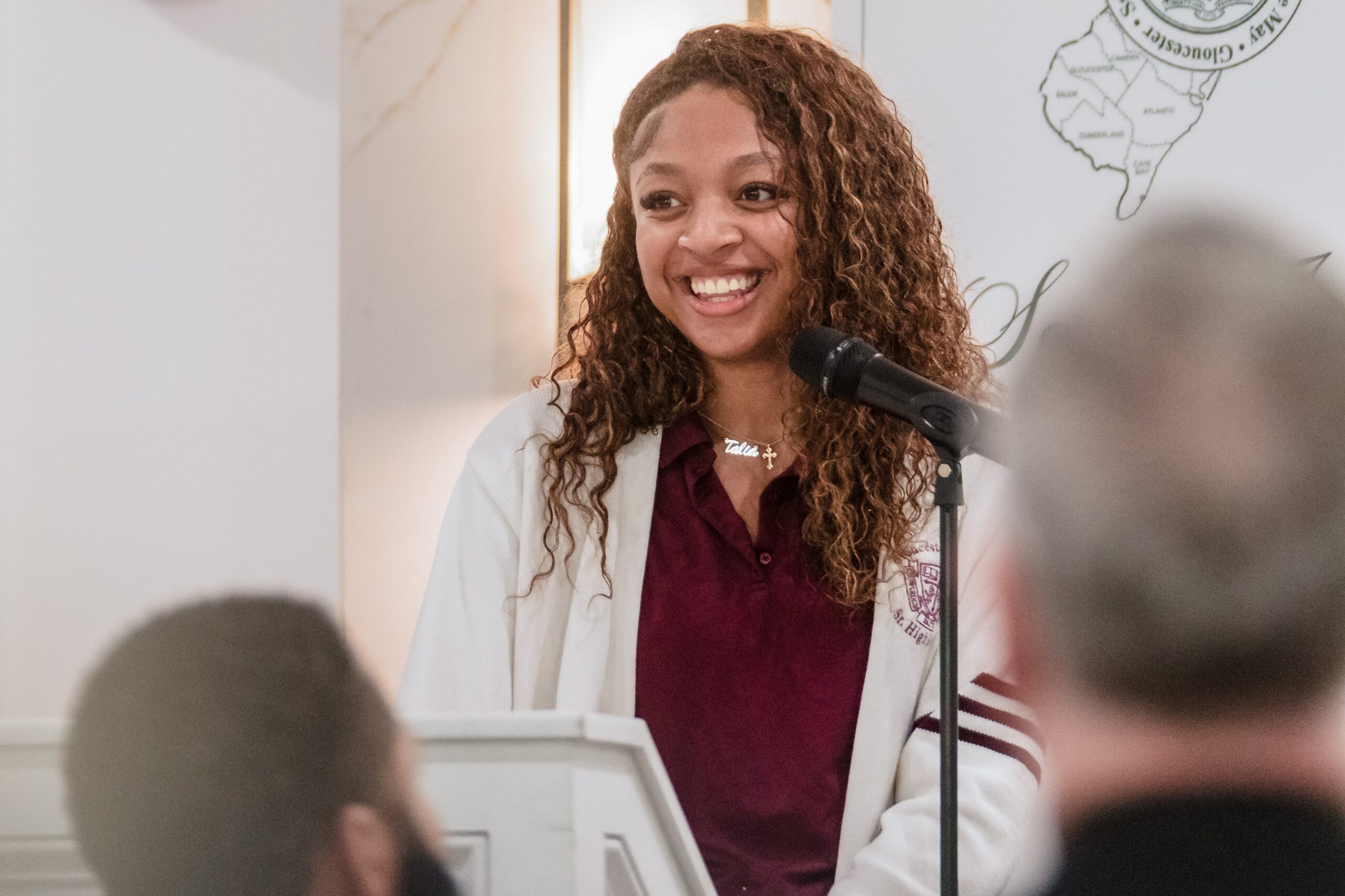 Photos by John Kalitz
Talia Shumate, a senior at Gloucester Catholic High School, speaks about being a recipient of the South Jersey Scholarship Fund. Shumate will attend Loyola University Maryland after high school.