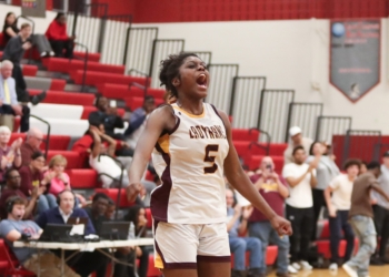 Gloucester Catholic’s Jahzara Green (5) celebrates winning the South Jersey Non-Public B final against Rutgers Prep at Lenape High School on March 9.