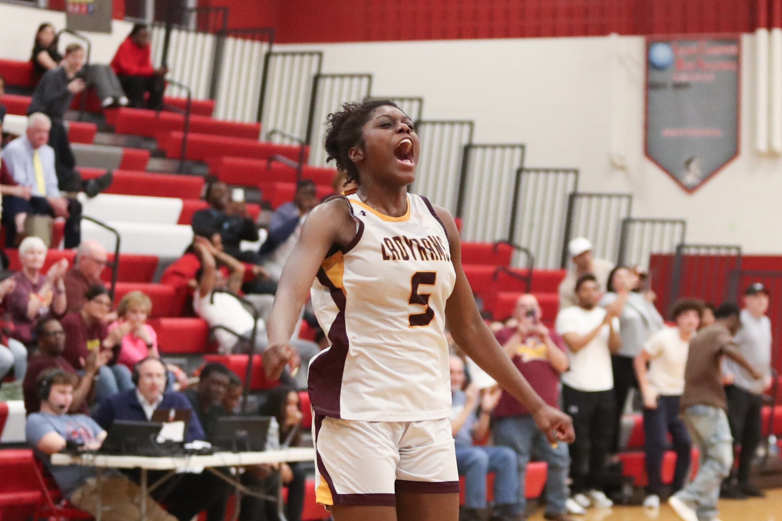 Gloucester Catholic’s Jahzara Green (5) celebrates winning the South Jersey Non-Public B final against Rutgers Prep at Lenape High School on March 9.