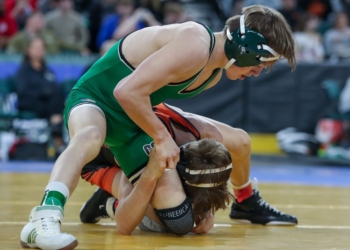 Camden Catholic's Stephen Bagocius (top) wrestles Middletown North's Thomas Blewett in a 106-pound semifinal bout during the NJSIAA State Wrestling Championships at Boardwalk Hall in Atlantic City, Friday, March 13, 2026. Blewett defeated Bagocius by decision, 10-6. Bagocius finished the tourney in sixth place in the state.