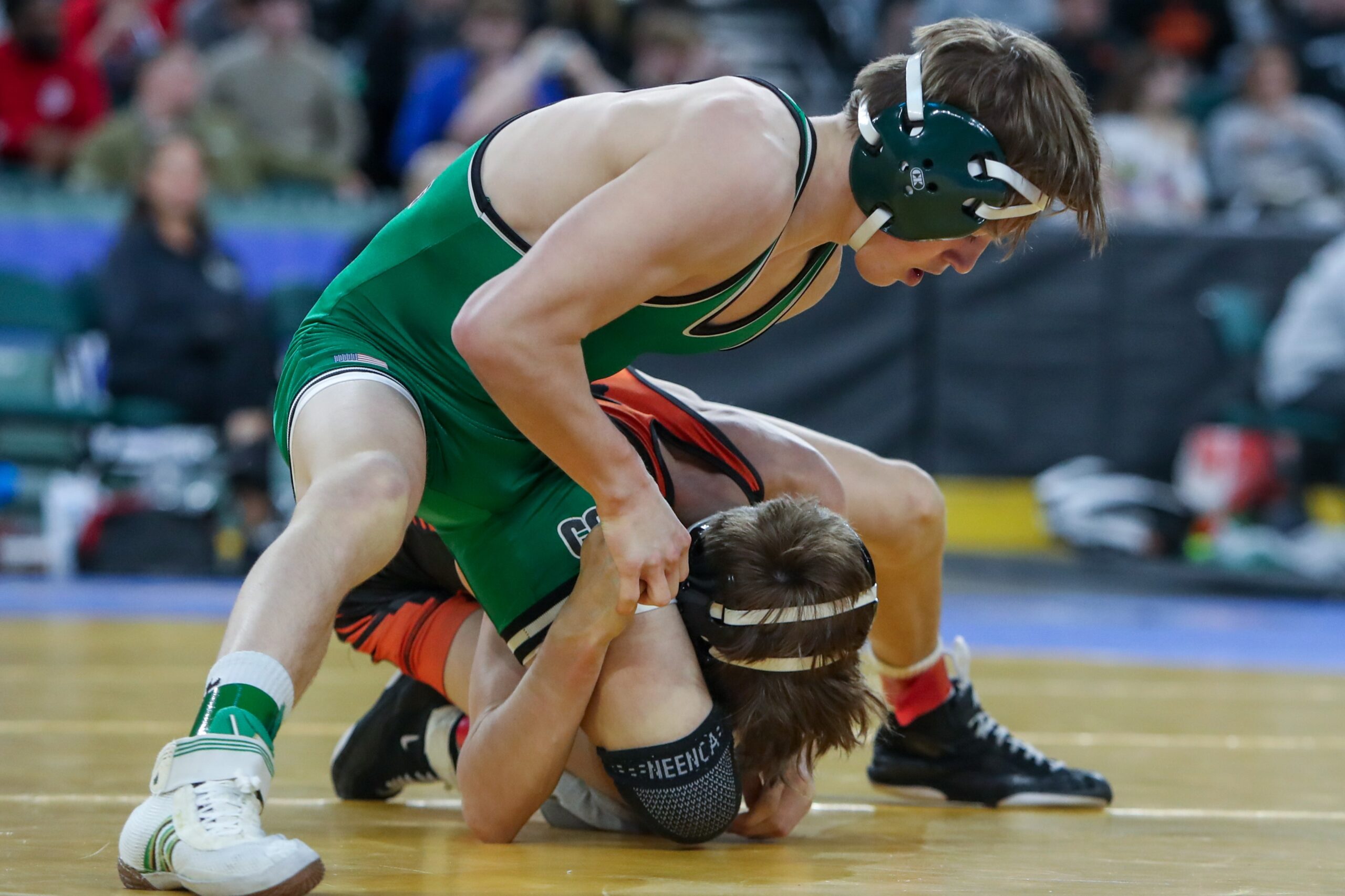 Camden Catholic's Stephen Bagocius (top) wrestles Middletown North's Thomas Blewett in a 106-pound semifinal bout during the NJSIAA State Wrestling Championships at Boardwalk Hall in Atlantic City, Friday, March 13, 2026. Blewett defeated Bagocius by decision, 10-6. Bagocius finished the tourney in sixth place in the state.