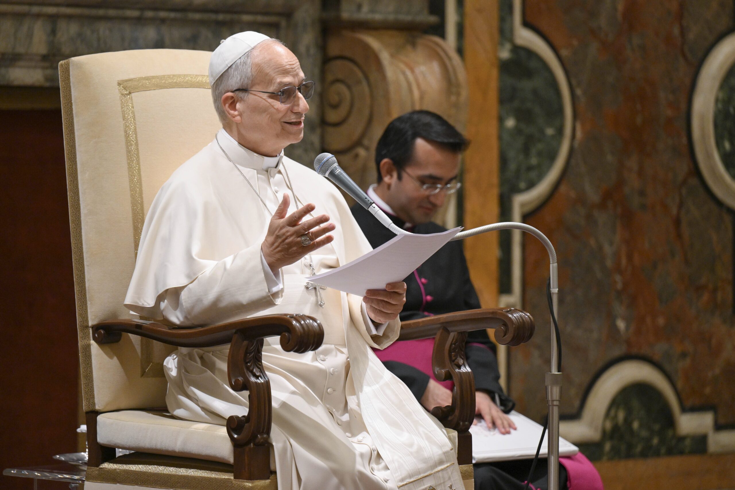 Pope Leo XVI addresses broadcast journalists who produce the TG2 news programs for the Italian state-owned television channel, Rai 2, during a March 16, 2026, audience in the Clementine Hall of the Apostolic Palace at the Vatican. (OSV News photo/Elisabetta Trevisan, Vatican Media)