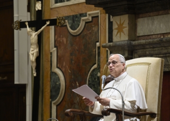 Pope Leo XVI speaks March 12, 2026, in the Clementine Hall of the Apostolic Palace at the Vatican during a meeting with participants in the "Cattedra dell'Accoglienza." In his speech one week before the Church celebrates the feast of St. Joseph, Pope Leo reflected on Jesus' foster father's exemplary role as a responsible guardian for the Holy Family. (OSV News/Matteo Pernaselci, Vatican Media)