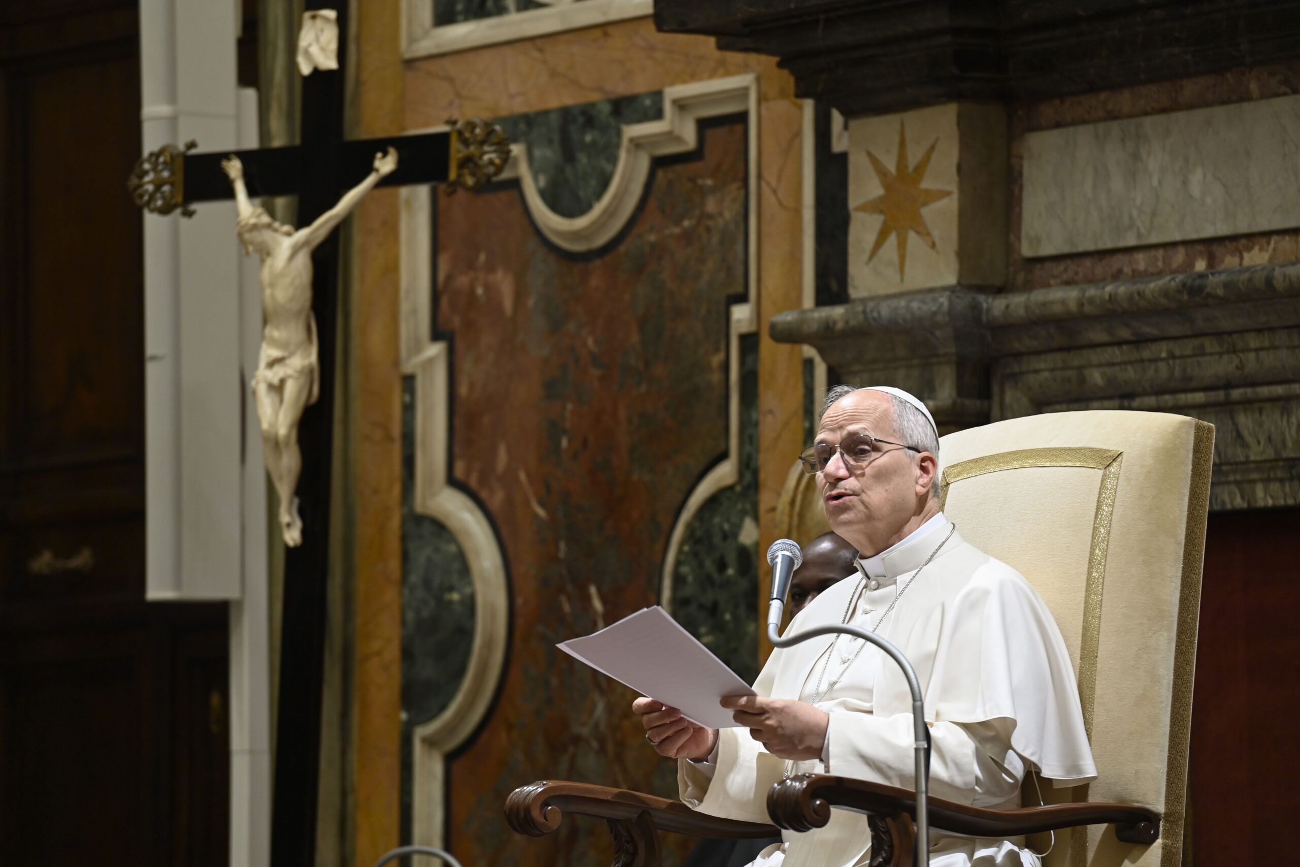 Pope Leo XVI speaks March 12, 2026, in the Clementine Hall of the Apostolic Palace at the Vatican during a meeting with participants in the "Cattedra dell'Accoglienza." In his speech one week before the Church celebrates the feast of St. Joseph, Pope Leo reflected on Jesus' foster father's exemplary role as a responsible guardian for the Holy Family. (OSV News/Matteo Pernaselci, Vatican Media)