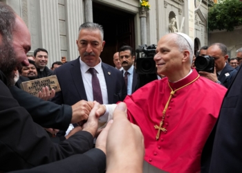 Pope Leo XIV greets priests from the Catholic Dioceses of Dallas, TX, at the Cathedral of the Holy Spirit in Istanbul, Turkey, Nov. 29, 2025. The group of priests arrived after a two-week pilgrimage to meet the pope during his apostolic visit to the country. The encounter took place during a gathering with Turkey’s Catholic bishops, clergy, religious, deacons and pastoral workers. (CNS photo/Lola Gomez)