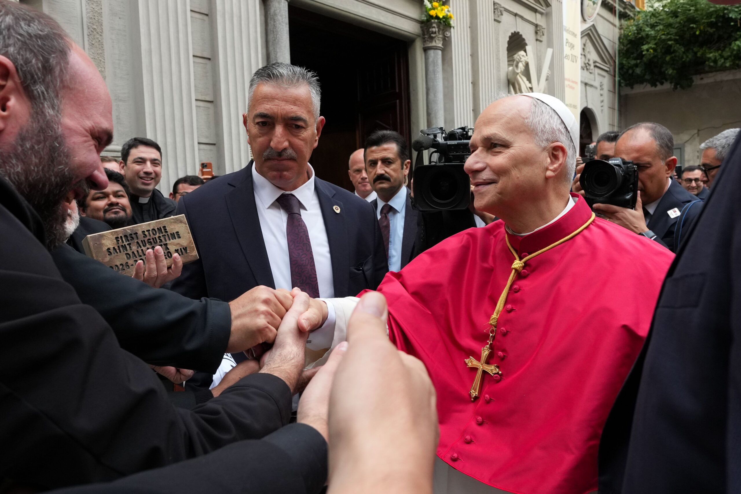 Pope Leo XIV greets priests from the Catholic Dioceses of Dallas, TX, at the Cathedral of the Holy Spirit in Istanbul, Turkey, Nov. 29, 2025. The group of priests arrived after a two-week pilgrimage to meet the pope during his apostolic visit to the country. The encounter took place during a gathering with Turkey’s Catholic bishops, clergy, religious, deacons and pastoral workers. (CNS photo/Lola Gomez)
