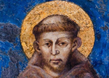 St. Francis of Assisi is depicted in this detail from "Madonna Enthroned with the Child, St. Francis and four Angels," a fresco executed by Giovanni Cimabue between 1278-80, in the lower church of the Basilica of St. Francis Basilica in Assisi, Italy. (OSV News photo/Octavio Duran)