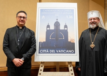 Secretary General of the Governorate of the Vatican City State, Italian Archbishop Emilio Nappa, and Major Archbishop Sviatoslav Shevchuk of Kyiv-Halych, primate of the Ukrainian Greek Catholic Church, pose at the Vatican Museum Feb. 26, 2026, during a ceremony reveling a Vatican City stamp dedicated to Ukraine's church as the country just marked the fourth anniversary of the start of the full-scale Russian invasion. (OSV News photo/courtesy Ukrainian Greek Catholic Church)